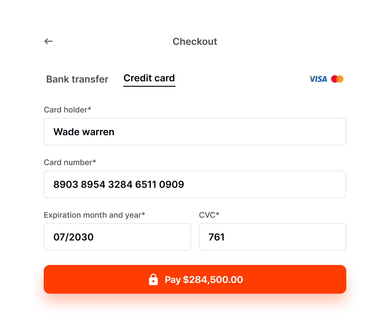 Card checkout screen with the exact amount due