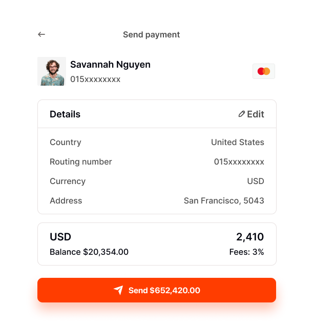 Payout screen showing settlement to a bank account